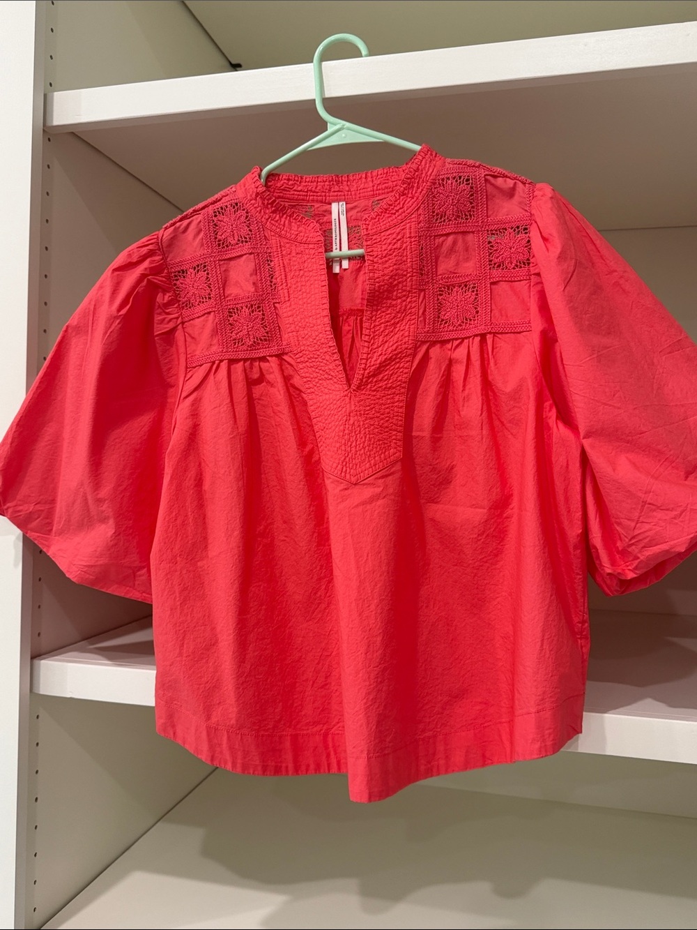 Anthropologie Coral Red Crochet Yoke Puff Sleeve Blouse